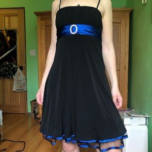 Black mini dress with blue sash